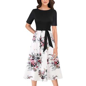 imageVFSHOW Womens Elegant Patchwork Pockets Pleated Work Office Business Casual Party Belted ALine Midi DressBlack  Offwhite Floral Print