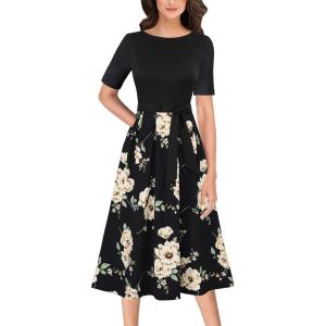 imageVFSHOW Womens Elegant Patchwork Pockets Pleated Work Office Business Casual Party Belted ALine Midi DressBlackfloral Prints