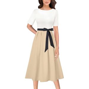imageVFSHOW Womens Elegant Patchwork Pockets Pleated Work Office Business Casual Party Belted ALine Midi DressOff Whiteblackapricot