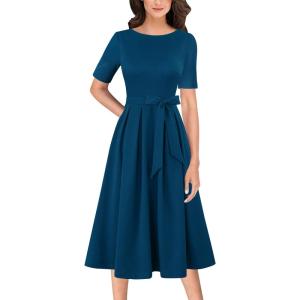 imageVFSHOW Womens Elegant Patchwork Pockets Pleated Work Office Business Casual Party Belted ALine Midi DressPeacock Blue