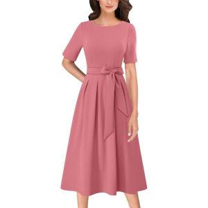 imageVFSHOW Womens Elegant Patchwork Pockets Pleated Work Office Business Casual Party Belted ALine Midi DressPink