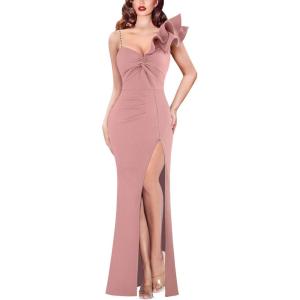 imageVFSHOW Womens Formal Prom Ruffle One Shoulder Strap Ruched Maxi Dress 2024 Sexy Twist Front Split Wedding Guest Evening GownSparkly Dusty Pink