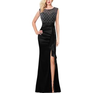 imageVFSHOW Womens Formal Ruched Ruffles Evening Prom Wedding Party Maxi DressBlack Satin