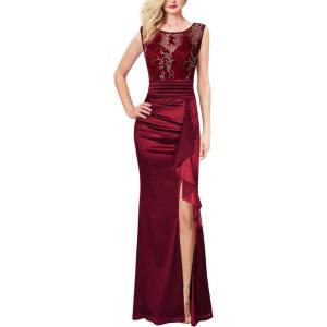 imageVFSHOW Womens Formal Ruched Ruffles Evening Prom Wedding Party Maxi DressDark Red Embroidery  Satina