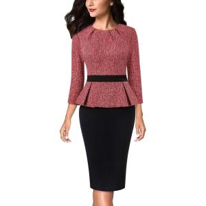 imageVFSHOW Womens Pleated Crew Neck Peplum Work Business Office Bodycon Pencil Sheath DressRed Tweed and Black