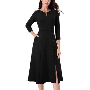imageVFSHOW Womens Pleated Notch Neck Front Slit Buttons Pockets Office Business Work Slim Fit Aline Fit and Flare Midi DressBlack