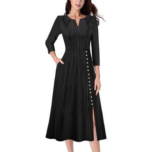 imageVFSHOW Womens Pleated Notch Neck Front Slit Buttons Pockets Office Business Work Slim Fit Aline Fit and Flare Midi DressBlack With White Stripes