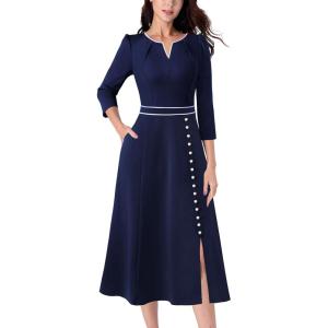 imageVFSHOW Womens Pleated Notch Neck Front Slit Buttons Pockets Office Business Work Slim Fit Aline Fit and Flare Midi DressNavy Blue and White Piping