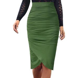 imageVFSHOW Womens Ruched Ruffle High Waist Asymmetric Wrap Casual Wok Office Party Slim Fitted Bodycon Pencil Midi MidCalf SkirtArmy Green