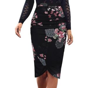 imageVFSHOW Womens Ruched Ruffle High Waist Asymmetric Wrap Casual Wok Office Party Slim Fitted Bodycon Pencil Midi MidCalf SkirtBlack  Pink Floral Print