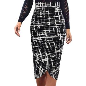 imageVFSHOW Womens Ruched Ruffle High Waist Asymmetric Wrap Casual Wok Office Party Slim Fitted Bodycon Pencil Midi MidCalf SkirtBlack and White Geometric Print