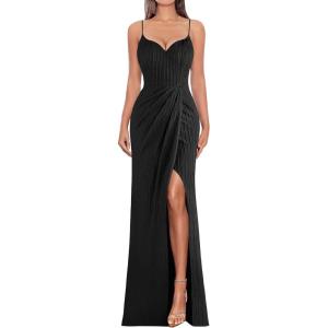 imageVFSHOW Womens Sexy Formal Ruched Fitted High Slit Bodycon Maxi Dress Spaghetti Strap Sweetheart Cocktail Prom Evening GownBlack Knitb