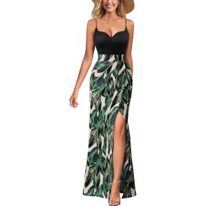 imageVFSHOW Womens Sexy Formal Ruched Fitted High Slit Bodycon Maxi Dress Spaghetti Strap Sweetheart Cocktail Prom Evening GownBlack and Green Floral Print