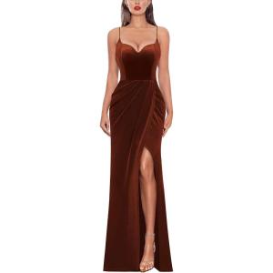 imageVFSHOW Womens Sexy Formal Ruched Fitted High Slit Bodycon Maxi Dress Spaghetti Strap Sweetheart Cocktail Prom Evening GownBurnt Orange Velvet