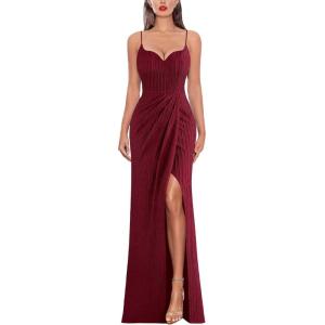 imageVFSHOW Womens Sexy Formal Ruched Fitted High Slit Bodycon Maxi Dress Spaghetti Strap Sweetheart Cocktail Prom Evening GownDark Red Knit