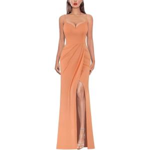 imageVFSHOW Womens Sexy Formal Ruched Fitted High Slit Bodycon Maxi Dress Spaghetti Strap Sweetheart Cocktail Prom Evening GownLight Orange Knit