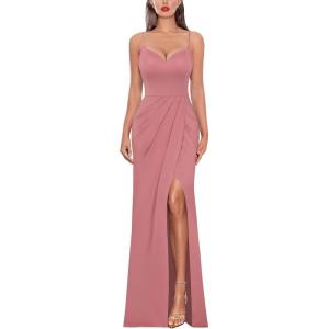 imageVFSHOW Womens Sexy Formal Ruched Fitted High Slit Bodycon Maxi Dress Spaghetti Strap Sweetheart Cocktail Prom Evening GownPeach Pink