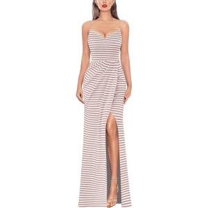 imageVFSHOW Womens Sexy Formal Ruched Fitted High Slit Bodycon Maxi Dress Spaghetti Strap Sweetheart Cocktail Prom Evening GownPink Stripes Knit
