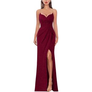 imageVFSHOW Womens Sexy Formal Ruched Fitted High Slit Bodycon Maxi Dress Spaghetti Strap Sweetheart Cocktail Prom Evening GownSparkly Dark Red