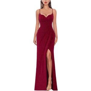 imageVFSHOW Womens Sexy Formal Ruched Fitted High Slit Bodycon Maxi Dress Spaghetti Strap Sweetheart Cocktail Prom Evening GownSparkly Dark Redd