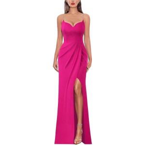 imageVFSHOW Womens Sexy Formal Ruched Fitted High Slit Bodycon Maxi Dress Spaghetti Strap Sweetheart Cocktail Prom Evening GownSparkly Hot Pinkb