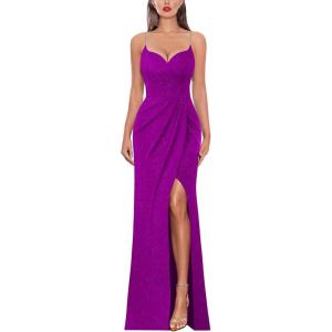 imageVFSHOW Womens Sexy Formal Ruched Fitted High Slit Bodycon Maxi Dress Spaghetti Strap Sweetheart Cocktail Prom Evening GownSparkly Purple