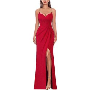 imageVFSHOW Womens Sexy Formal Ruched Fitted High Slit Bodycon Maxi Dress Spaghetti Strap Sweetheart Cocktail Prom Evening GownSparkly Red