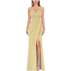imageVFSHOW Womens Sexy Formal Ruched Fitted High Slit Bodycon Maxi Dress Spaghetti Strap Sweetheart Cocktail Prom Evening GownYellow Stripes Knit