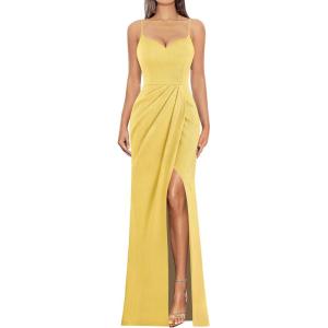imageVFSHOW Womens Sexy Formal Ruched Fitted High Slit Bodycon Maxi Dress Spaghetti Strap Sweetheart Cocktail Prom Evening GownYellow Textured Mesh