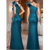 imageVFSHOW Womens Ruffle One Shoulder Strap Ruched Formal Prom Wedding Maxi Dress V Neck Elegant Split Cocktail Evening Long GownBlack With Blue Stitching