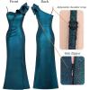 imageVFSHOW Womens Ruffle One Shoulder Strap Ruched Formal Prom Wedding Maxi Dress V Neck Elegant Split Cocktail Evening Long GownBlack With Blue Stitching