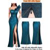 imageVFSHOW Womens Ruffle One Shoulder Strap Ruched Formal Prom Wedding Maxi Dress V Neck Elegant Split Cocktail Evening Long GownBlack With Blue Stitching