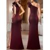 imageVFSHOW Womens Ruffle One Shoulder Strap Ruched Formal Prom Wedding Maxi Dress V Neck Elegant Split Cocktail Evening Long GownBlack With Red Stitching
