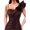imageVFSHOW Womens Ruffle One Shoulder Strap Ruched Formal Prom Wedding Maxi Dress V Neck Elegant Split Cocktail Evening Long GownBlack With Red Stitching