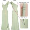 imageVFSHOW Womens Ruffle One Shoulder Strap Ruched Formal Prom Wedding Maxi Dress V Neck Elegant Split Cocktail Evening Long GownLight Green With Golden Stitching