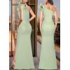 imageVFSHOW Womens Ruffle One Shoulder Strap Ruched Formal Prom Wedding Maxi Dress V Neck Elegant Split Cocktail Evening Long GownLight Green With Golden Stitching
