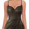 imageVFSHOW Womens Sexy Formal Ruched Fitted High Slit Bodycon Maxi Dress Spaghetti Strap Sweetheart Cocktail Prom Evening GownBlack and Gold a