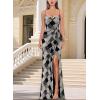 imageVFSHOW Womens Sexy Formal Ruched Fitted High Slit Bodycon Maxi Dress Spaghetti Strap Sweetheart Cocktail Prom Evening GownBlack and White Geometric