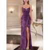 imageVFSHOW Womens Sexy Formal Ruched Fitted High Slit Bodycon Maxi Dress Spaghetti Strap Sweetheart Cocktail Prom Evening GownPurple and Velvet Floral