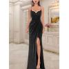 imageVFSHOW Womens Sexy Formal Ruched Fitted High Slit Bodycon Maxi Dress Spaghetti Strap Sweetheart Cocktail Prom Evening GownShiny Black Beaded