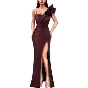 imageVFSHOW Womens Ruffle One Shoulder Strap Ruched Formal Prom Wedding Maxi Dress V Neck Elegant Split Cocktail Evening Long GownBlack With Red Stitching