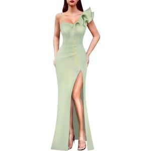 imageVFSHOW Womens Ruffle One Shoulder Strap Ruched Formal Prom Wedding Maxi Dress V Neck Elegant Split Cocktail Evening Long GownLight Green With Golden Stitching