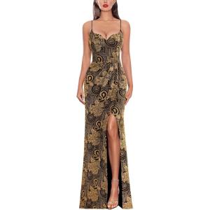 imageVFSHOW Womens Sexy Formal Ruched Fitted High Slit Bodycon Maxi Dress Spaghetti Strap Sweetheart Cocktail Prom Evening GownBlack and Gold