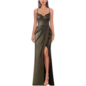 imageVFSHOW Womens Sexy Formal Ruched Fitted High Slit Bodycon Maxi Dress Spaghetti Strap Sweetheart Cocktail Prom Evening GownBlack and Gold a