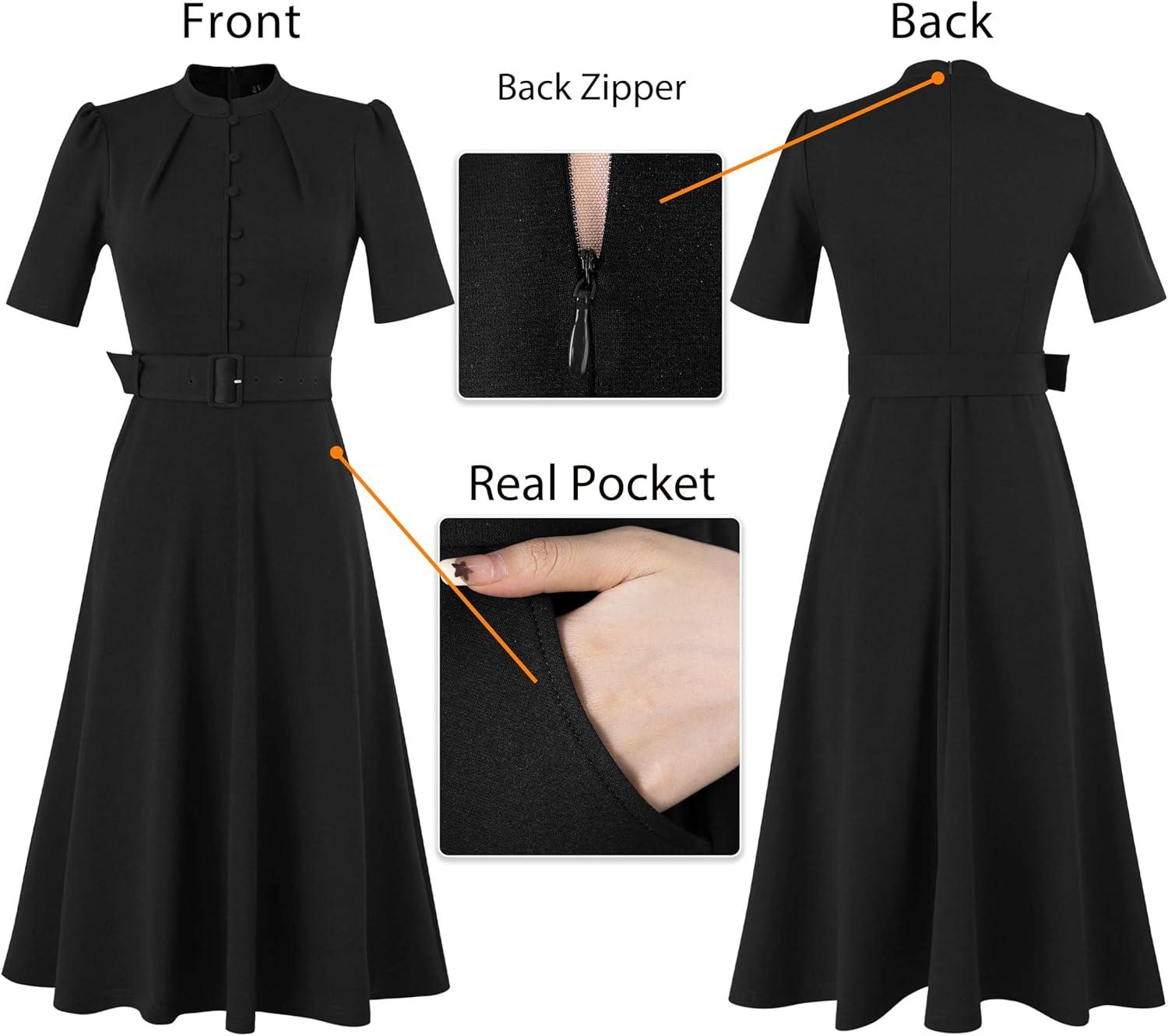 imageVFSHOW Womens 2024 Business Work Office Pockets Belted Buttons Elegant Fit and Flare ALine DressBlackb