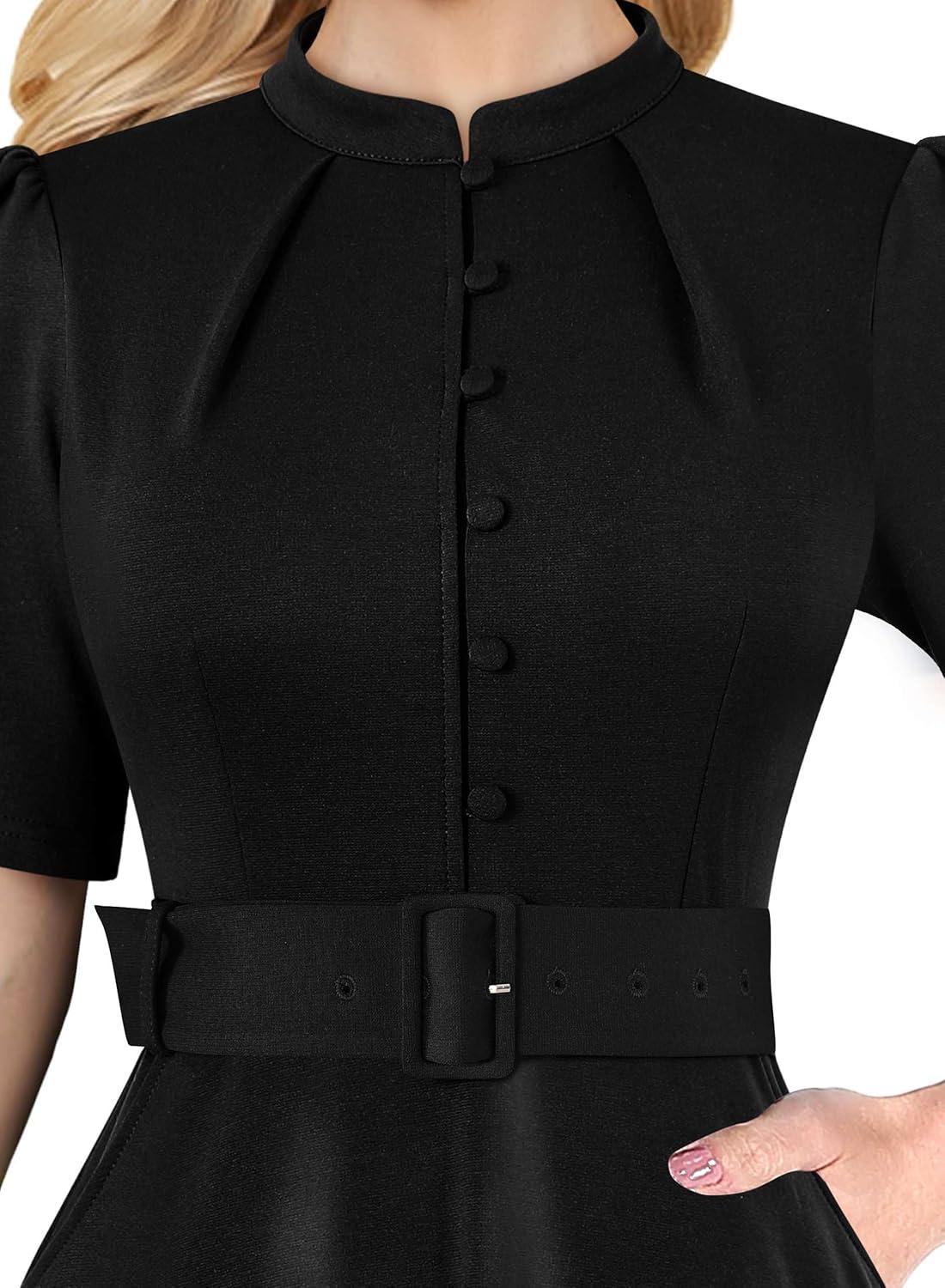 imageVFSHOW Womens 2024 Business Work Office Pockets Belted Buttons Elegant Fit and Flare ALine DressBlackb