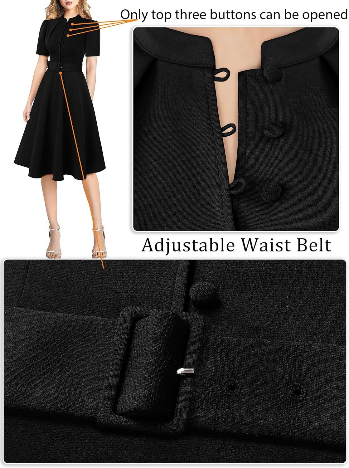 imageVFSHOW Womens 2024 Business Work Office Pockets Belted Buttons Elegant Fit and Flare ALine DressBlackb