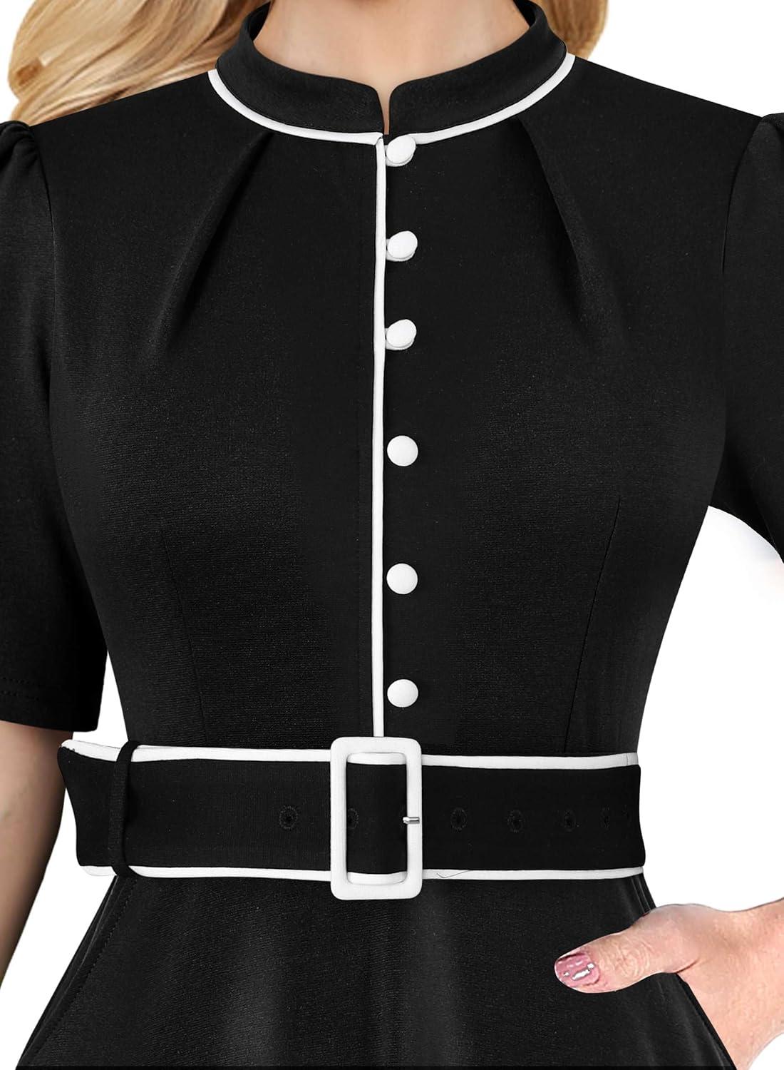 imageVFSHOW Womens 2024 Business Work Office Pockets Belted Buttons Elegant Fit and Flare ALine DressBlackwhite Piping