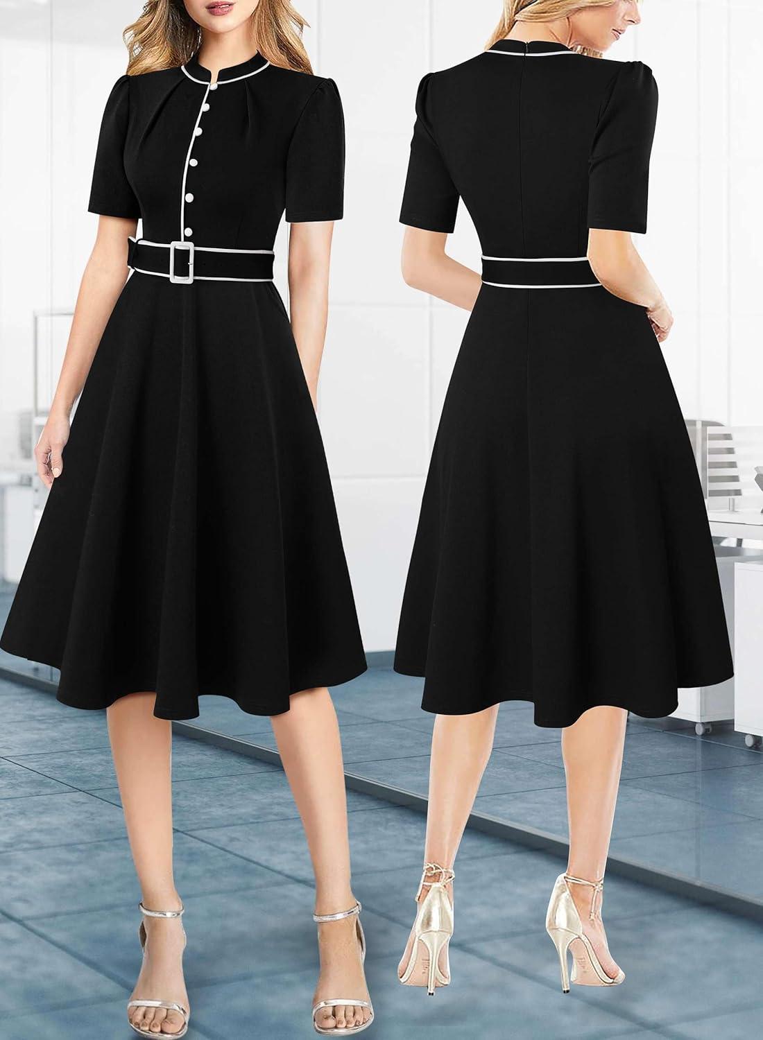 imageVFSHOW Womens 2024 Business Work Office Pockets Belted Buttons Elegant Fit and Flare ALine DressBlackwhite Piping
