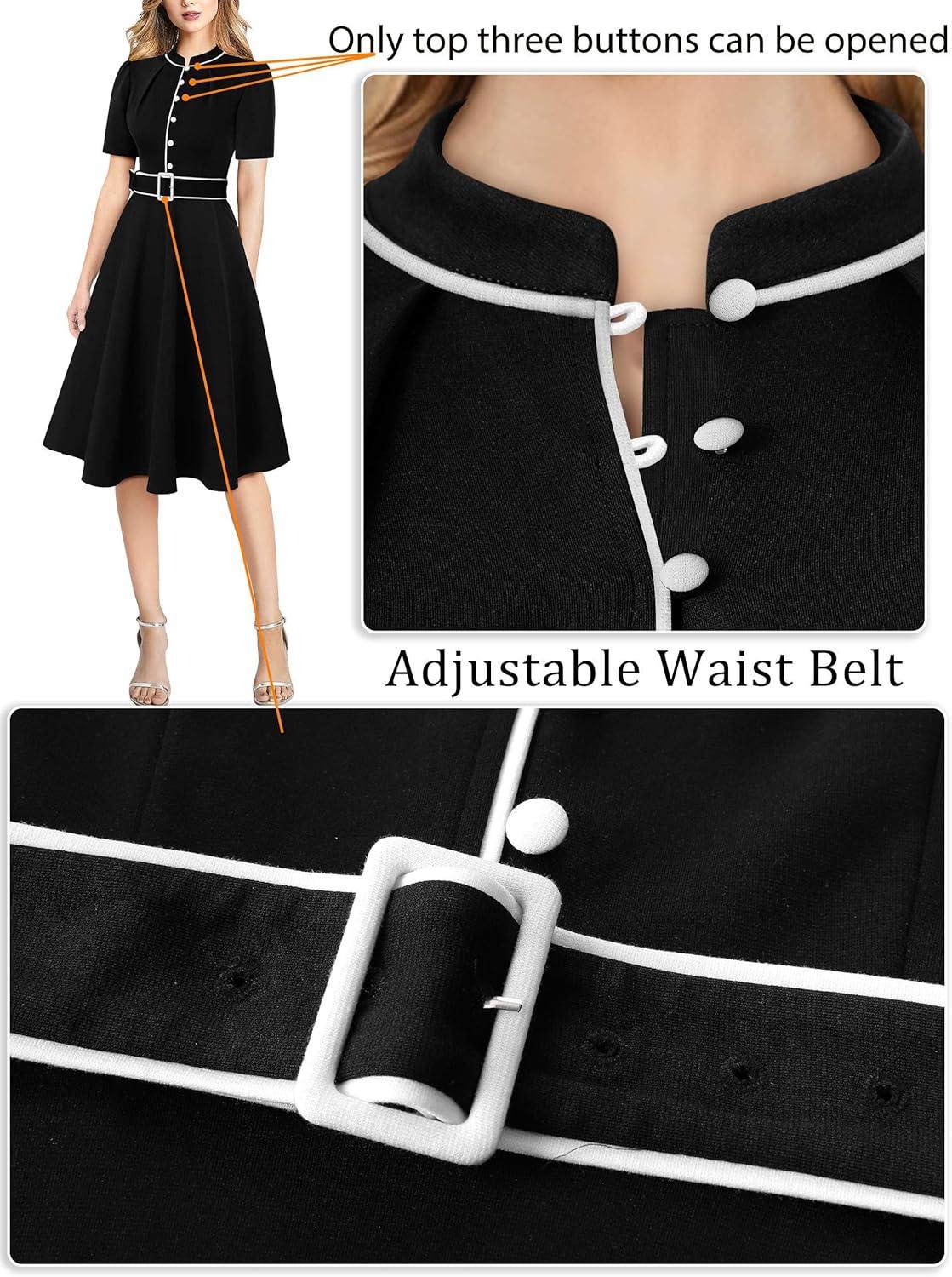 imageVFSHOW Womens 2024 Business Work Office Pockets Belted Buttons Elegant Fit and Flare ALine DressBlackwhite Piping